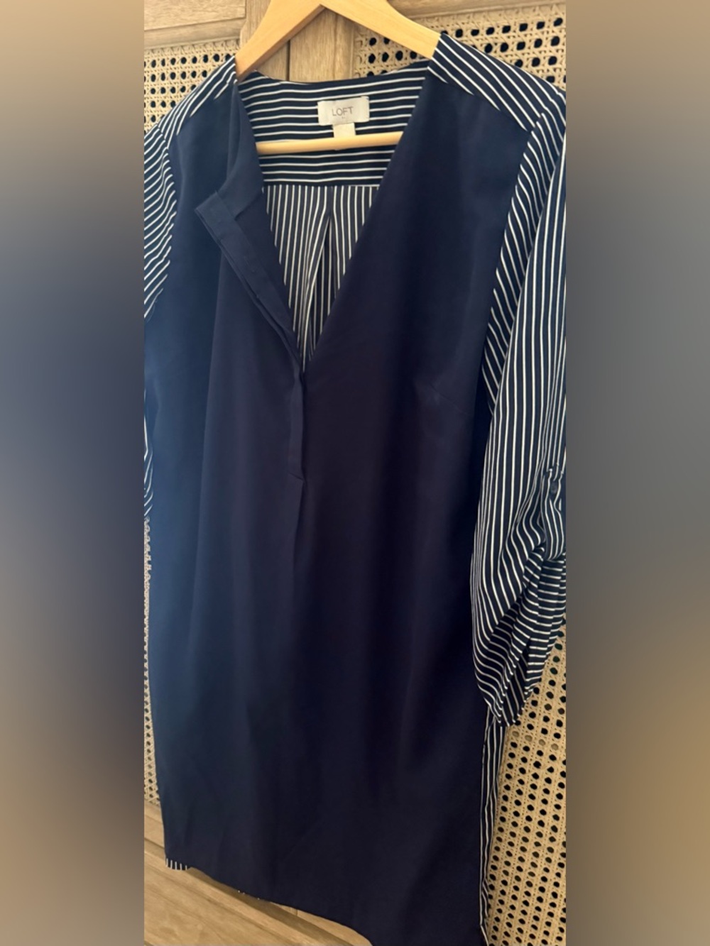 LOFT Navy & White Striped V-Neck Blouse